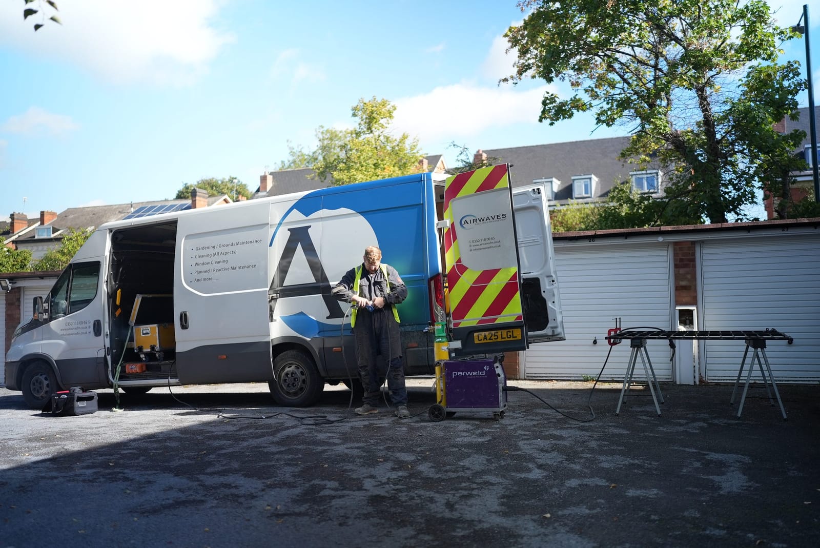Airwaves Facilities Management van on site with an engineer setting up welding equipment